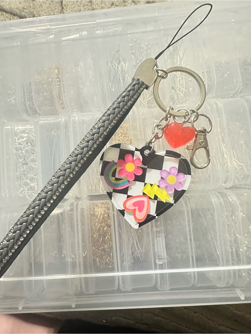 Checker Heart Charm Keychain with Colorful Accents